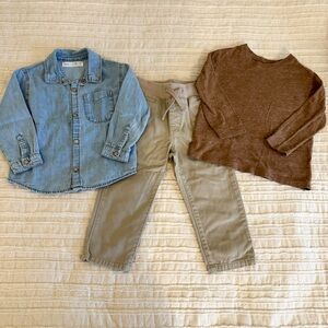 Zara Baby Gap Toddler Outfit Denim Button Down Brown Long Sleeve Tee Pants 2-3T